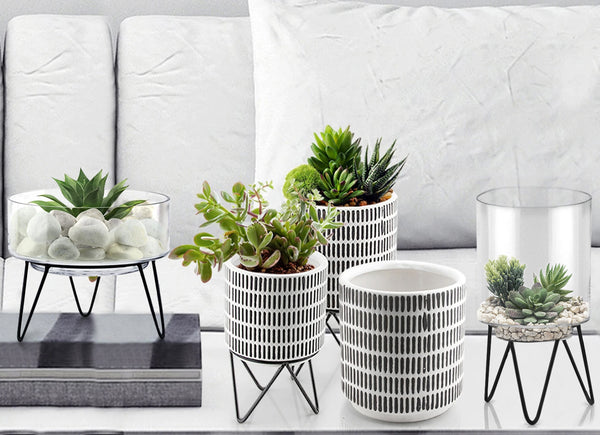 chrome indoor plant pots Ceramic Planter with Metal Stand | Modern Black/White Design