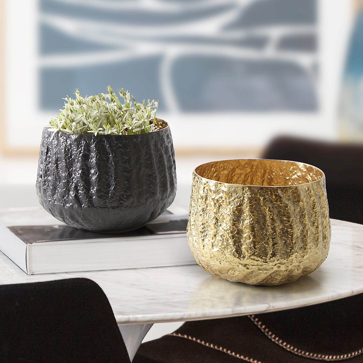 Crushed Round Taper Aluminum Metal Planter | Galore Home: Luxury Home Decor, Elegant Home Furnishings, Stylish Home Accents & Contemporary Home Accessories