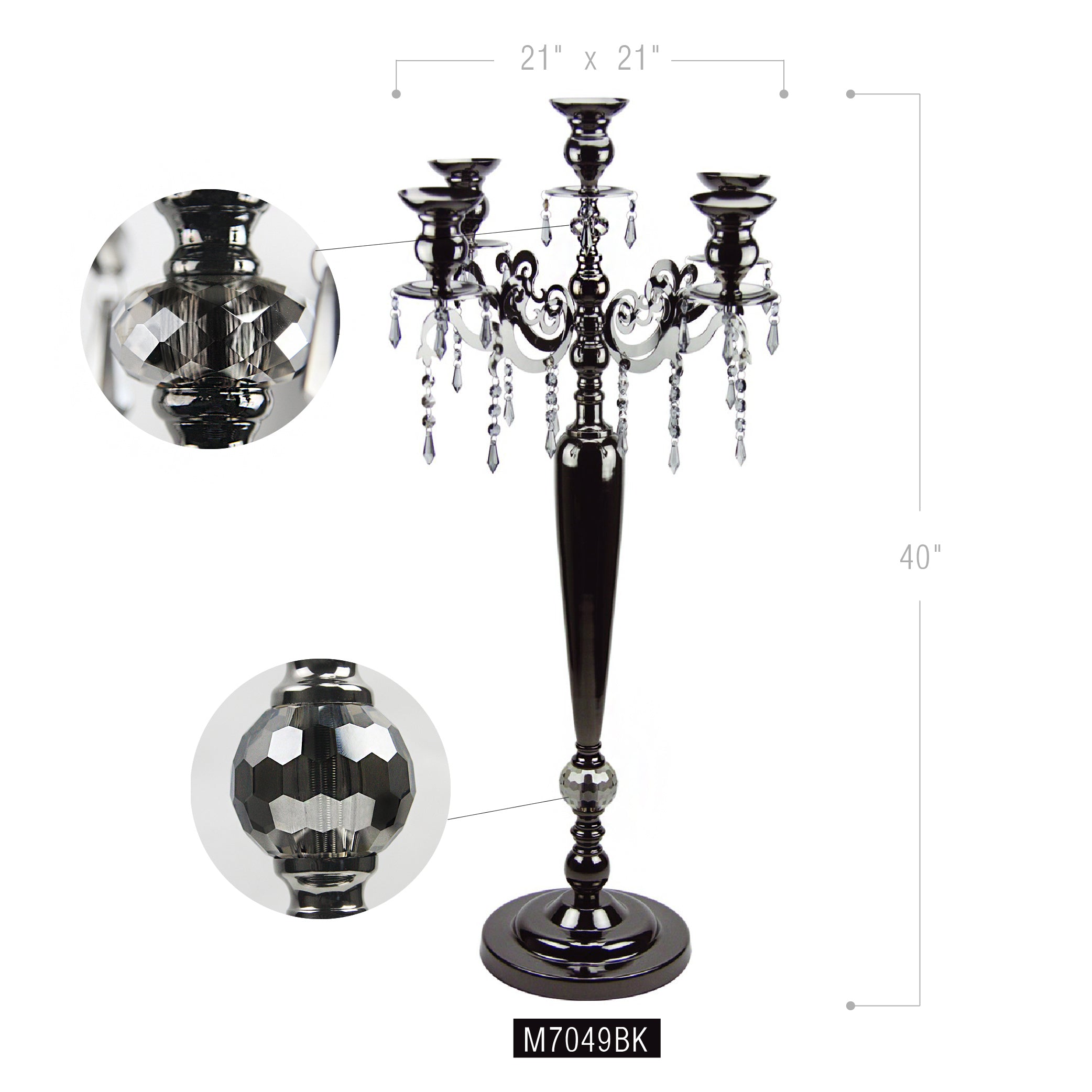 40" 5-Arm Black Crystal Candelabra Candle Holder