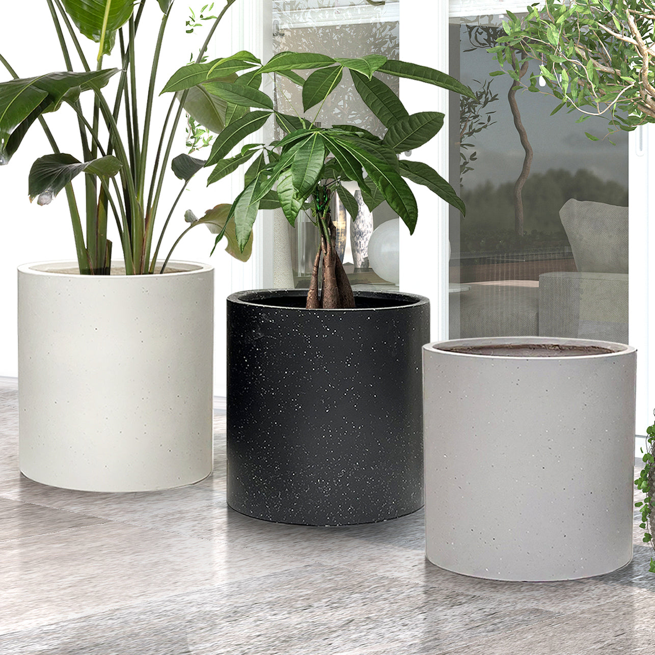 large grey indoor plant pot FibraLuxe Cylinder Floor Planters