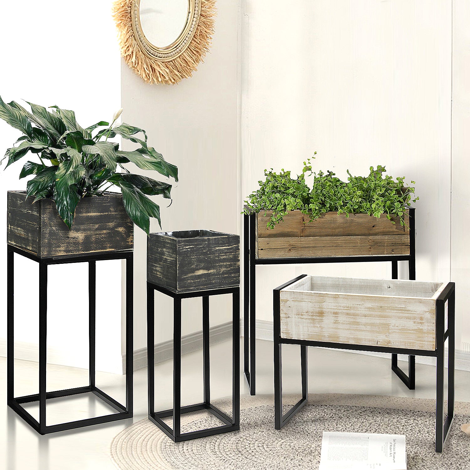 black plant pot with wooden stand Reclaimed Wood Planters on Metal Stand Frame