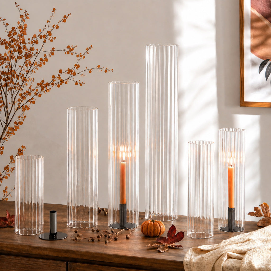 Pleated Glass Chimney Hurricane Candle Holder (set of 6)