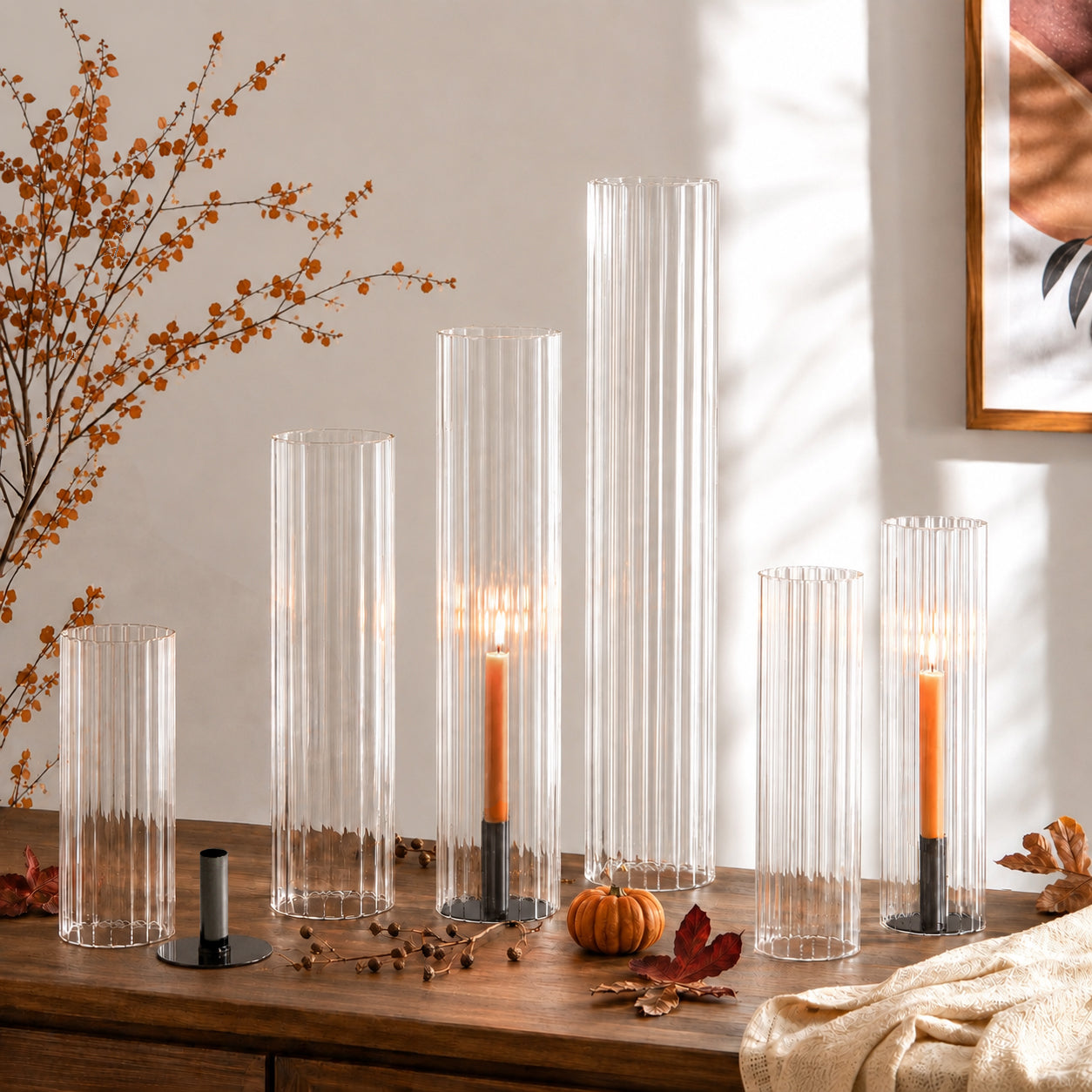 Pleated Glass Chimney Hurricane Candle Holder (set of 6)