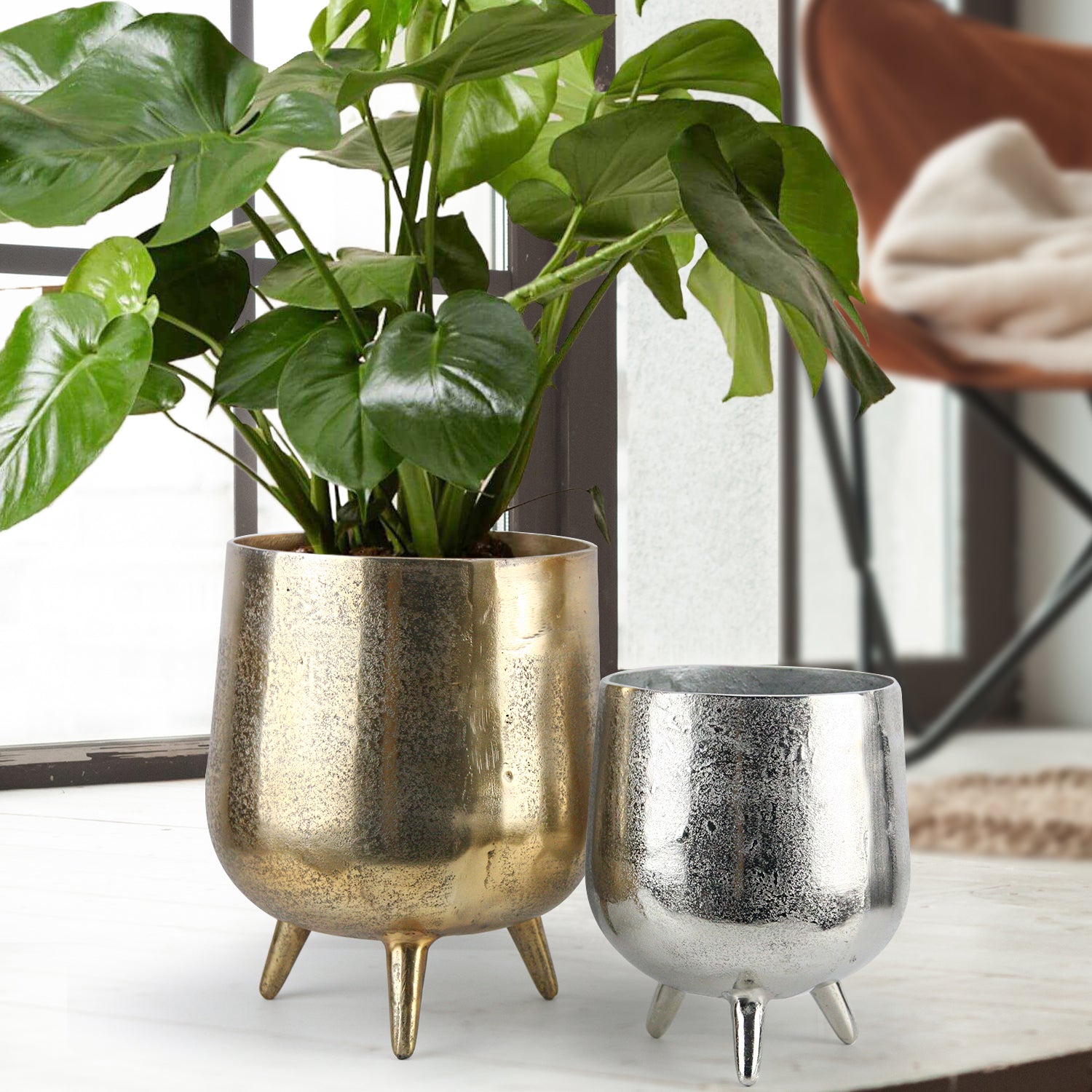 large gold plant pot indoor Tripod Metal Round Pot