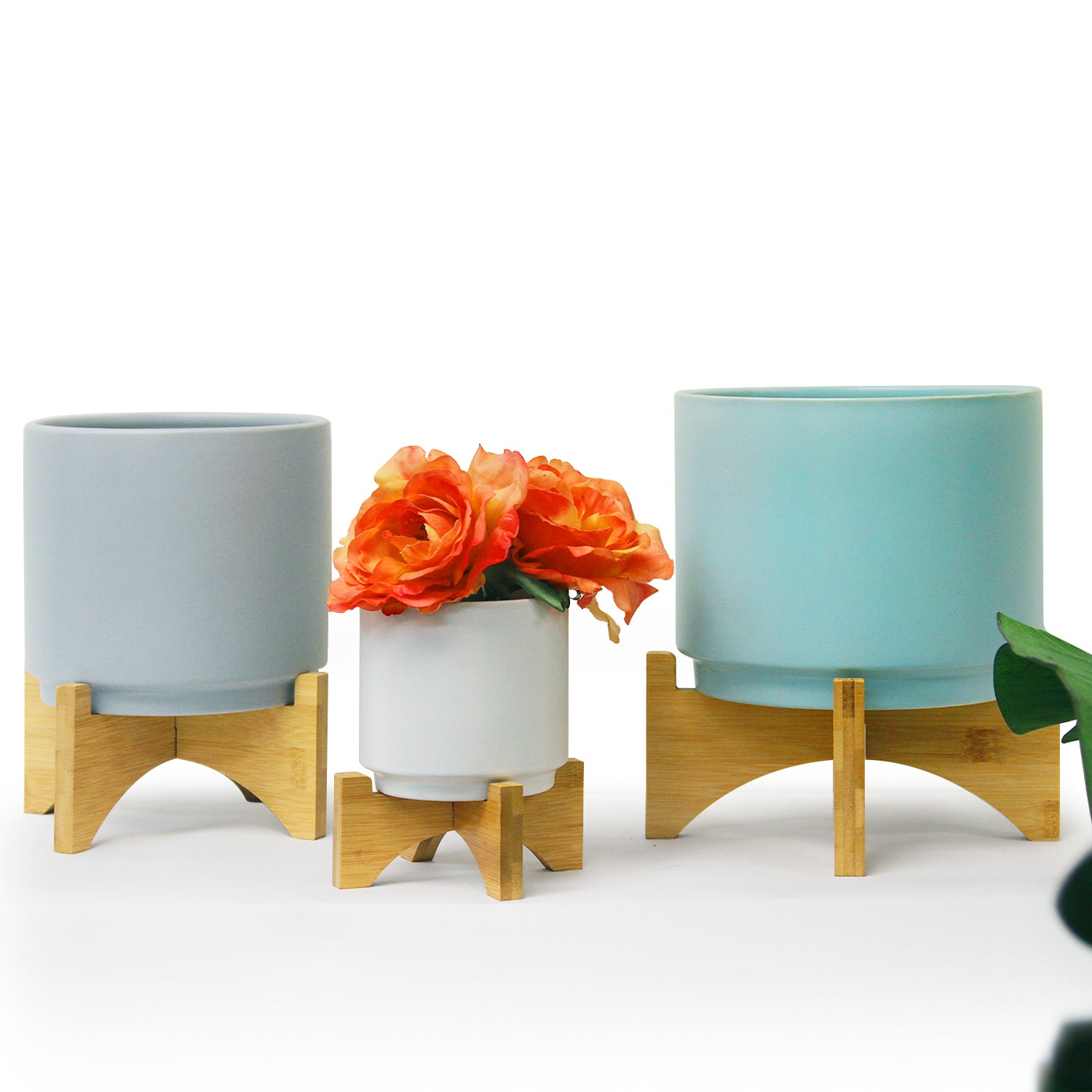 ceramic plant pot with stand Modern Ceramic Tabletop Flower Pot with Wood Stand Holder Large / Matt White by Galore Home