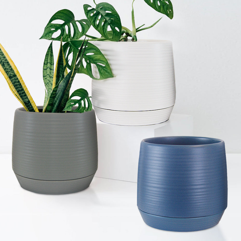 gray ceramic plant pot Ripple Textured Ceramic Flower Pot with Drainage Saucer Dish Blue by Galore Home