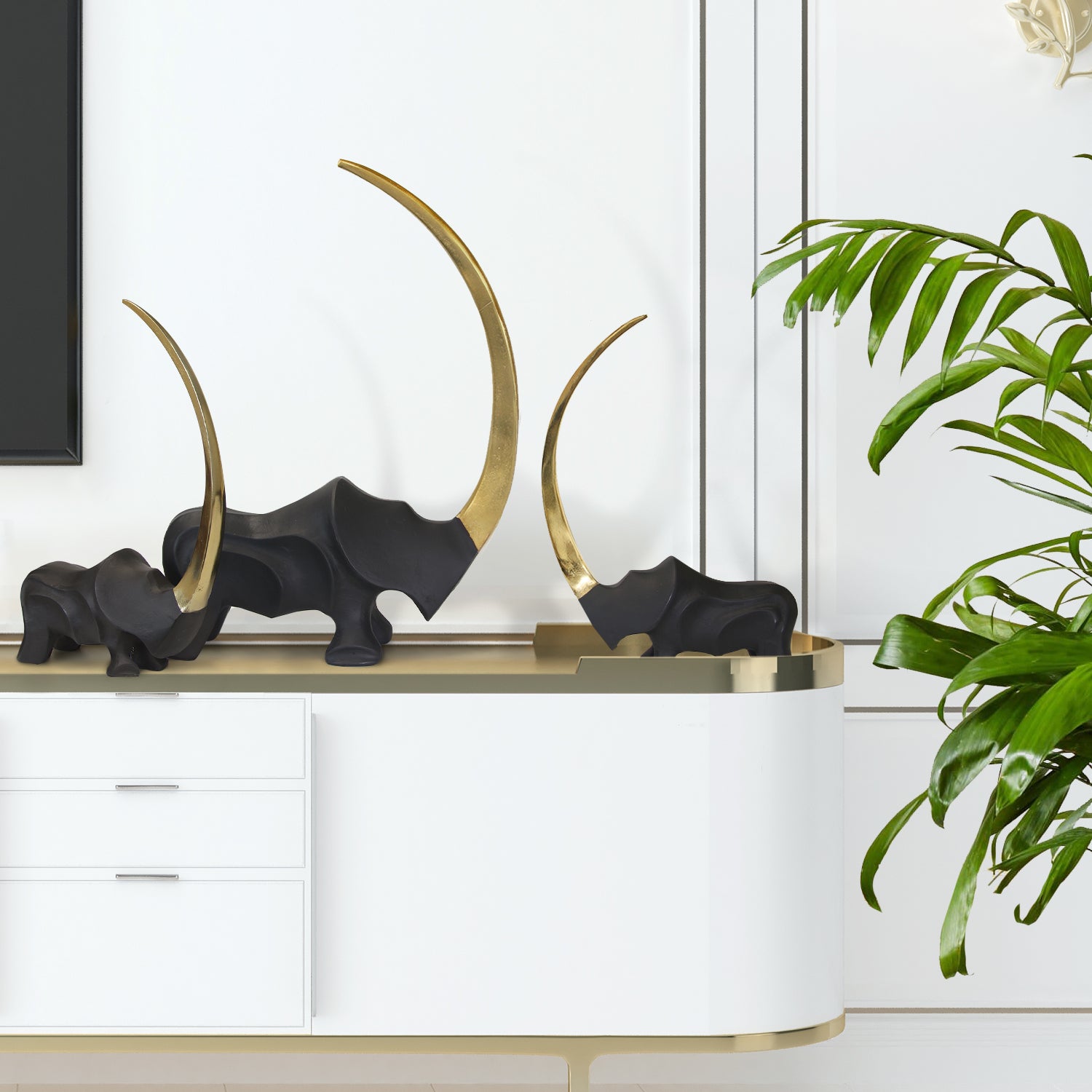 Crescent Rhino Figurine | Luxury Metal Tabletop Accent Sculpture